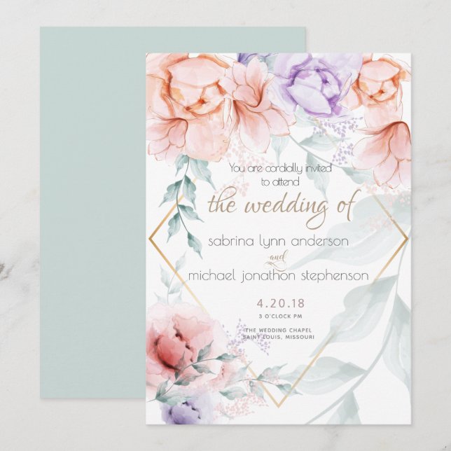 Convites Casamento |Quic Trendy Coral e Lilac Aquarelle (Frente/Verso)