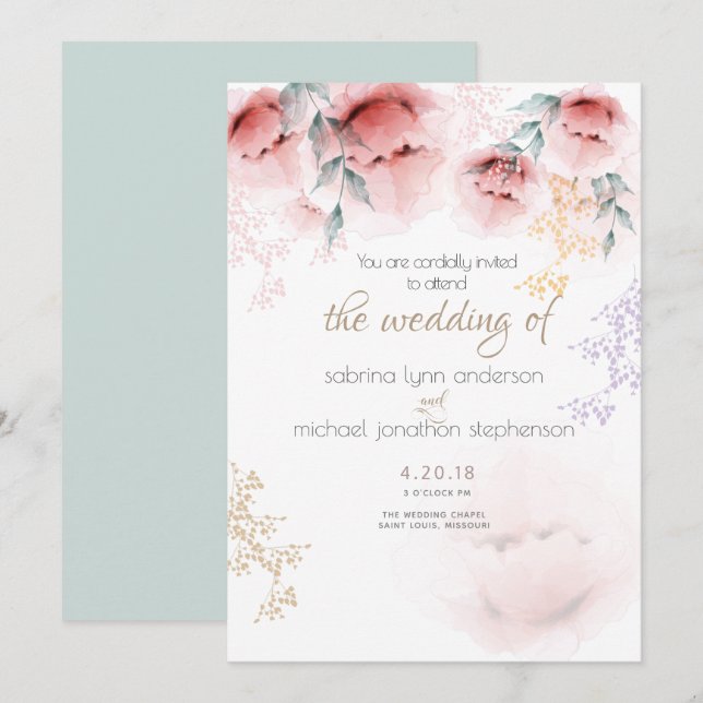 Convites Casamento |Quic Trendy Coral e Lilac Aquarelle (Frente/Verso)