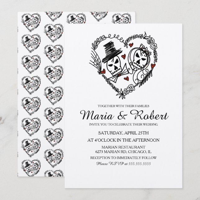 Convites Casamento Rabisco Esqueleto Preto Branco Gótico (Frente/Verso)