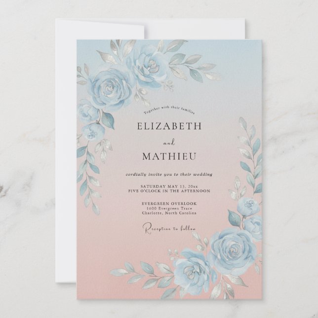 Convites Casamento Radiante de Azul Desbotado na Primavera (Frente)