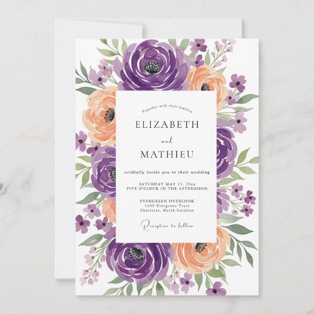 Convites Casamento Radiante de Primavera com Damasco Roxo (Frente)