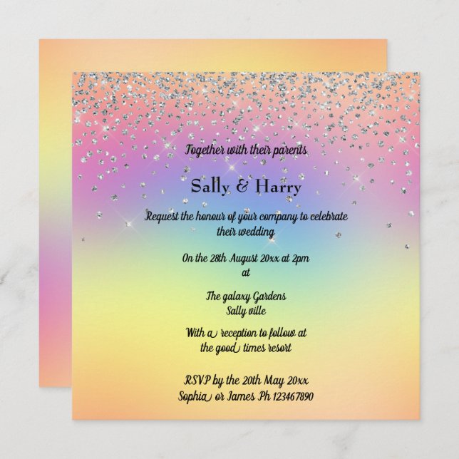 Convites Casamento Rainbow Pastel Sparkle Diamond (Frente/Verso)