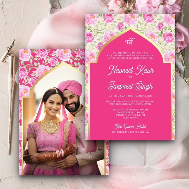 Convites Casamento Rani Pink Floral Foto Anand Karaj Sikh (Criador carregado)