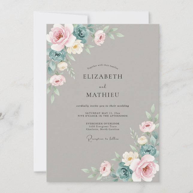 Convites Casamento Ranunculus Azul Bege Eucalipto Silenciad (Frente)