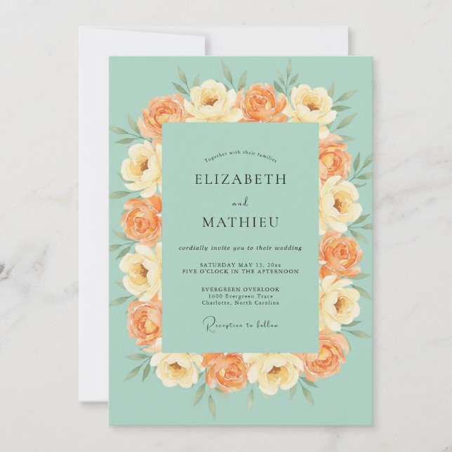 Convites Casamento Ranunculus Cinza Eucalipto Rosa Pêssego  (Frente)