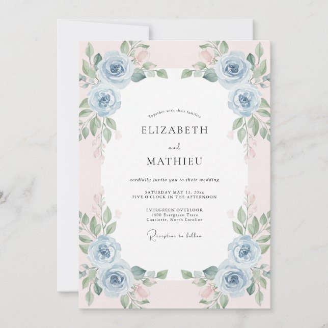 Convites Casamento Ranunculus de Pêssego Céu com Eucalipto  (Frente)