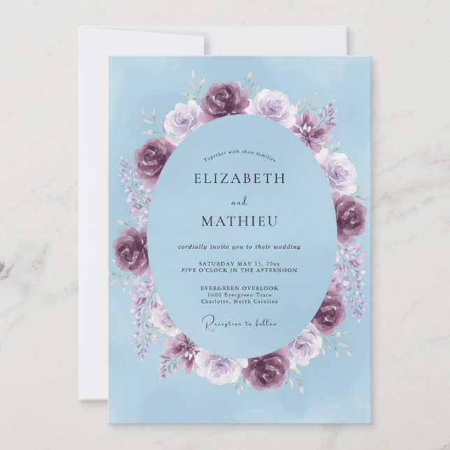Convites Casamento Ranunculus Eucalipto Ameixa Azul Pó (Frente)