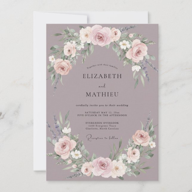 Convites Casamento Ranunculus Eucalipto Bege Pálido Ardósia (Frente)