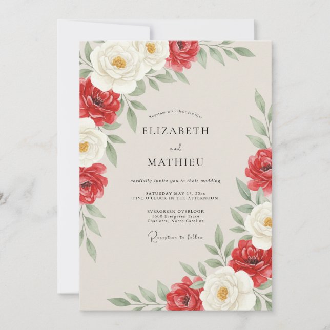 Convites Casamento Ranunculus Eucalipto Branco Carmesim (Frente)