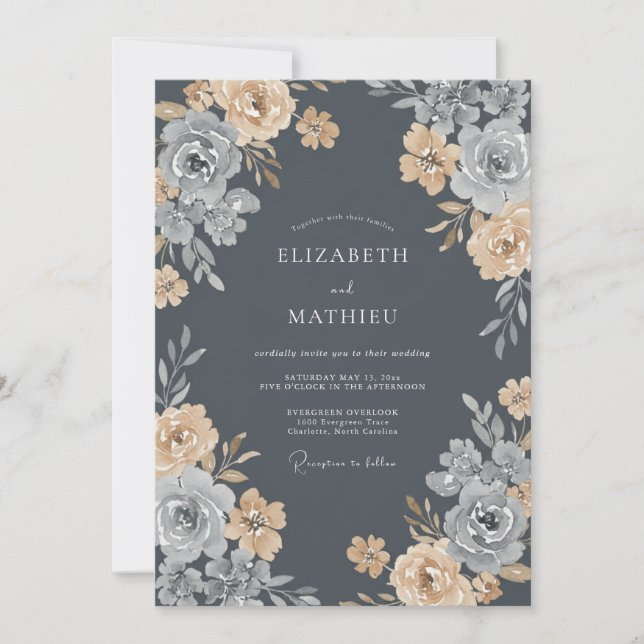 Convites Casamento Ranunculus Eucalipto Champanhe Carvão (Frente)
