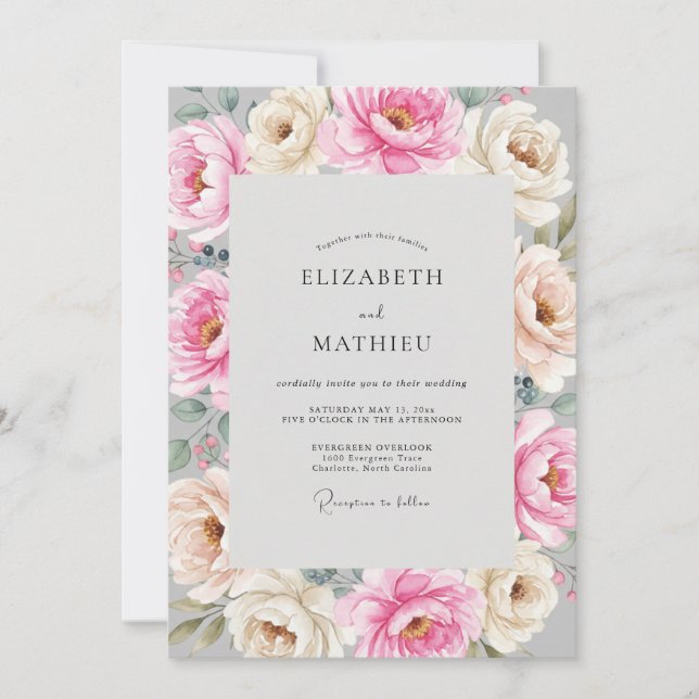 Convites Casamento Ranunculus Eucalipto Champanhe Rosa (Frente)