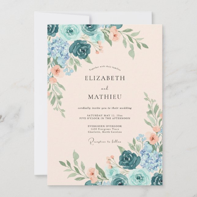 Convites Casamento Ranunculus Eucalipto Damasco Azul (Frente)