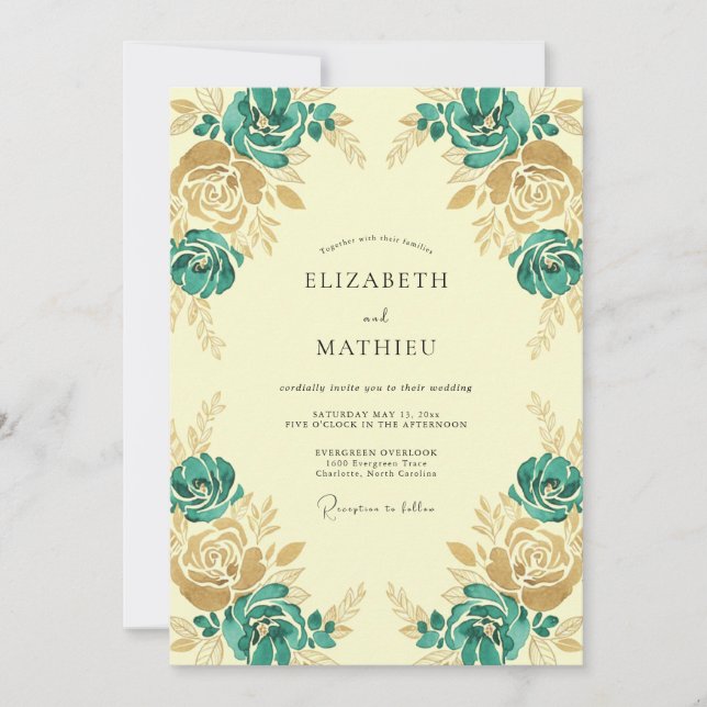Convites Casamento Ranunculus Eucalipto Dourado Azul-Verde (Frente)