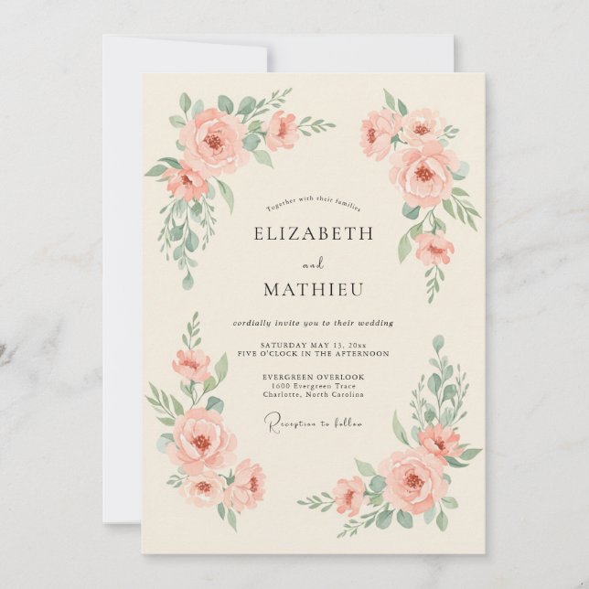 Convites Casamento Ranunculus Eucalipto Hortelã Rosa (Frente)