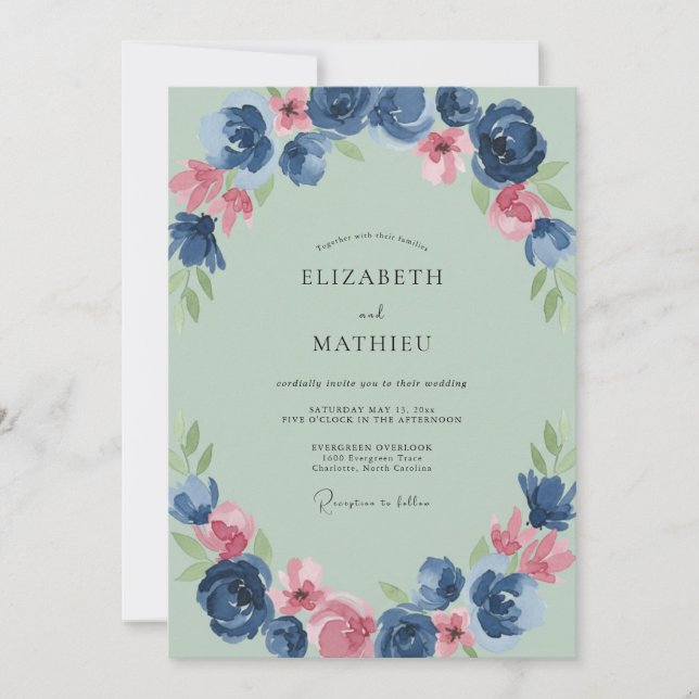 Convites Casamento Ranunculus Eucalipto Índigo Espuma do Ma (Frente)