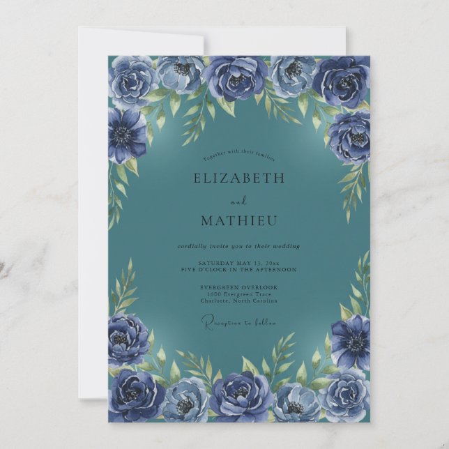 Convites Casamento Ranunculus Eucalipto Índigo Verde-água (Frente)