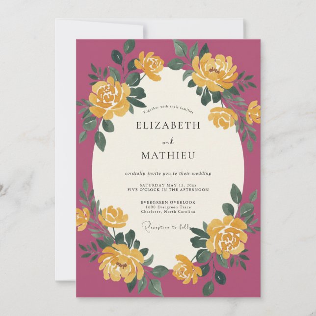 Convites Casamento Ranunculus Eucalipto Plum Gold (Frente)
