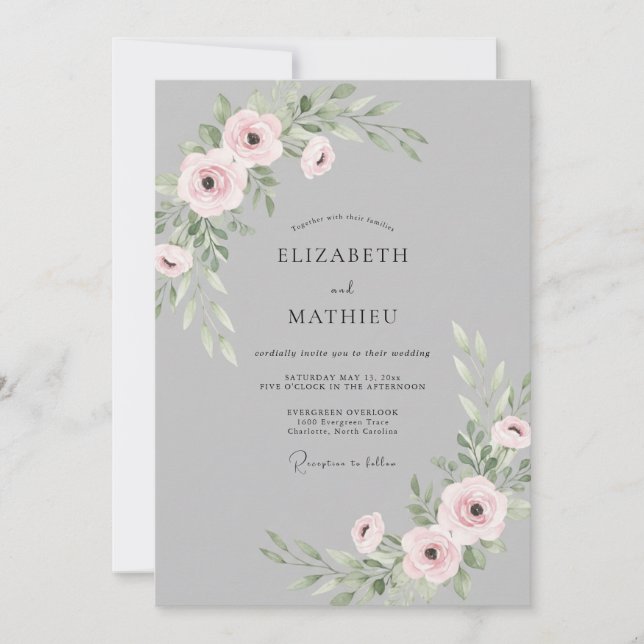 Convites Casamento Ranunculus Eucalipto Rosa Poeira Cinza (Frente)