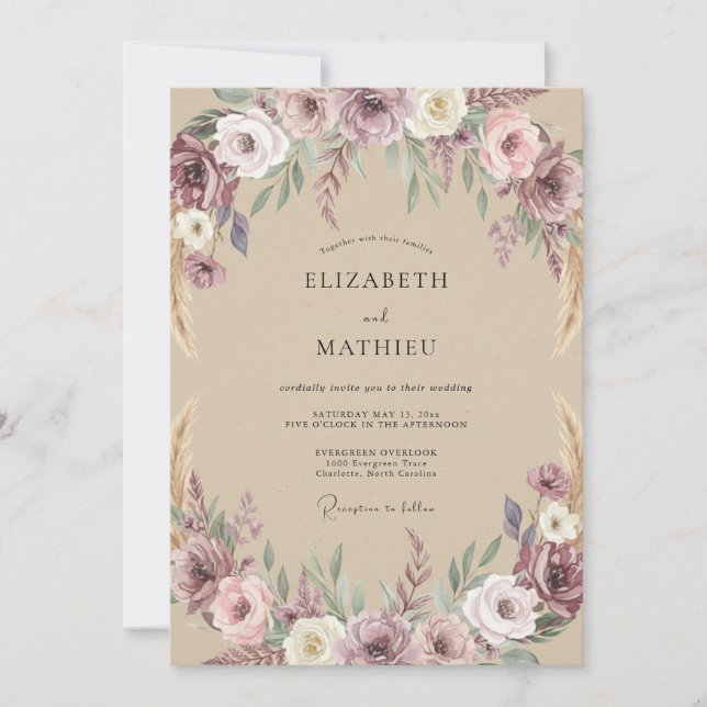Convites Casamento Ranunculus Eucalipto Silenciado Ameixa T (Frente)