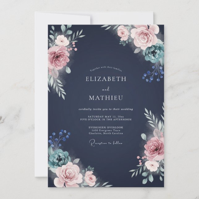 Convites Casamento Ranunculus Eucalipto Tono Índigo (Frente)