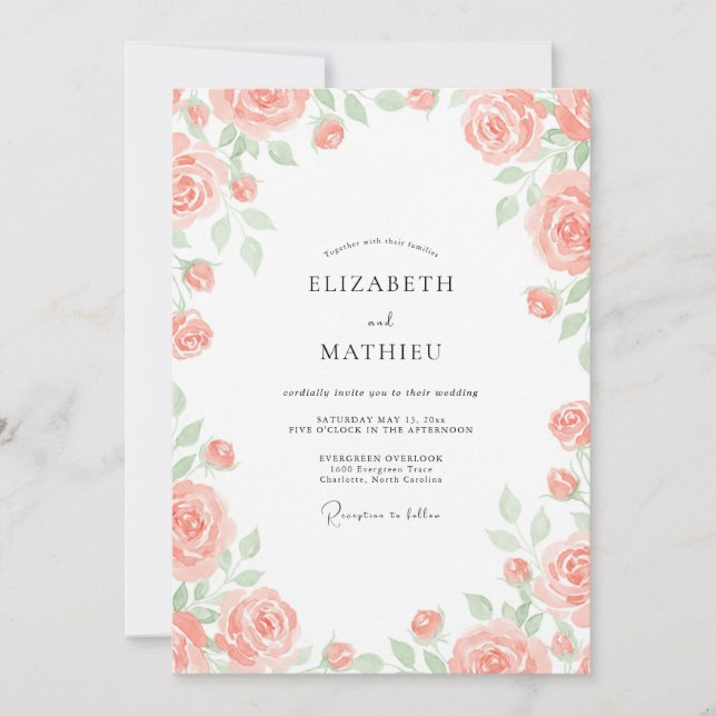 Convites Casamento Ranunculus Pintado de Coral Macio (Frente)