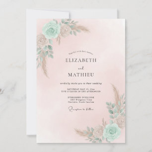 Convites Casamento Ranunculus Sage em Seafoam e Pêssego