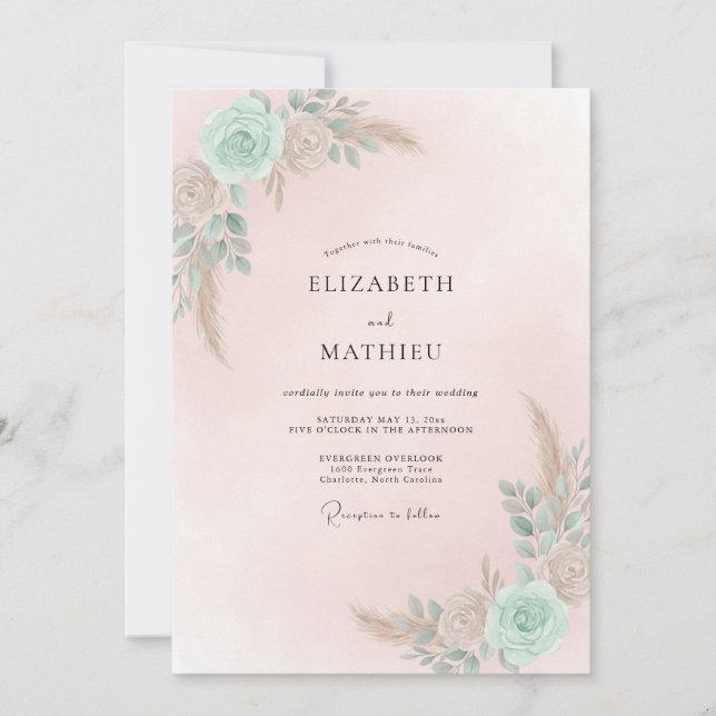 Convites Casamento Ranunculus Sage em Seafoam e Pêssego (Frente)