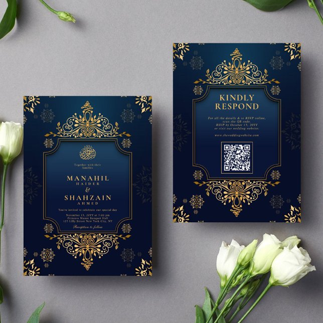 Convites Casamento Real Azul Dourado Floral Código QR Muçul (Criador carregado)