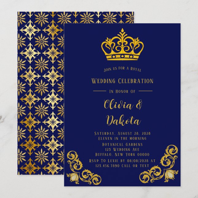 Convites Casamento Real Azul e Dourado Damask (Frente/Verso)