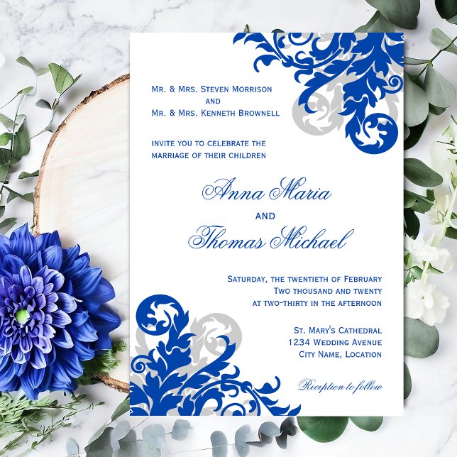Convites Casamento Real Azul e Silver Flourish (Elegant Royal blue and silver flourish wedding invitation front view.)