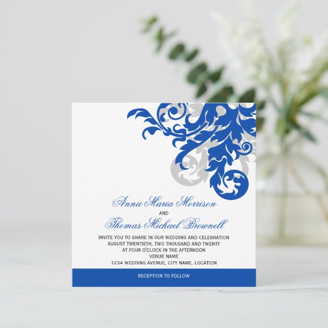 Convites Casamento Real Azul e Silver Flourish (Em pé/Frente)