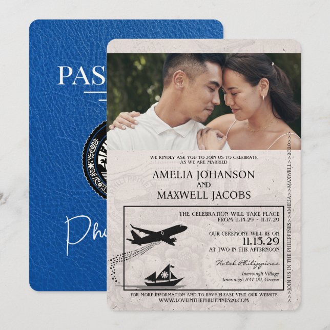 Convites Casamento Real Azul Filipinas Passaporte (Frente/Verso)