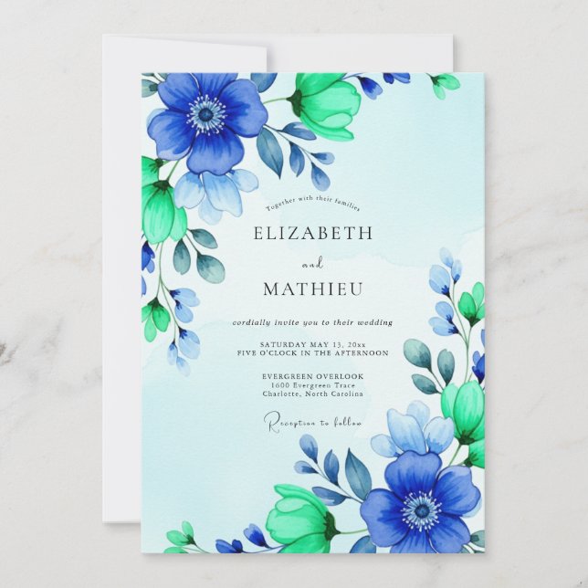 Convites Casamento Real Azul Luminoso de Primavera (Frente)