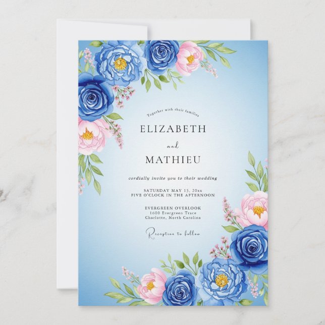 Convites Casamento Real Azul Luxuriante de Primavera (Frente)
