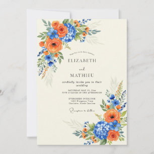 Convites Casamento Real Azul Majestoso de Verão Laranja