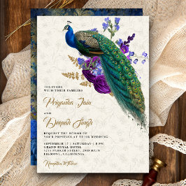 Convites Casamento Real Azul Púrpura Floral Indiano Pavão