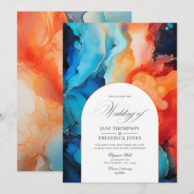 Convites Casamento Real Azul, Turquesa e Álcool Coral (Frente/Verso)