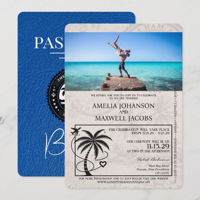 Convites Casamento Real Blue Bahamas Passaporte (Frente/Verso)