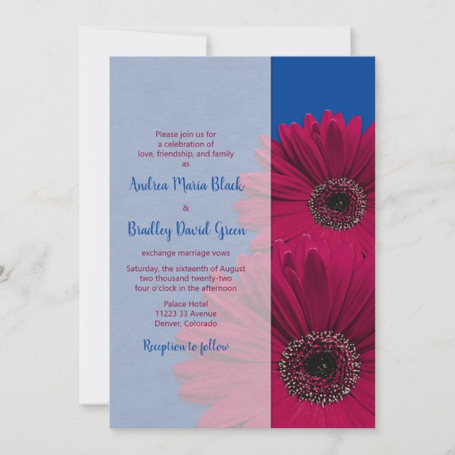 Convites Casamento Real Blue Burgundy Gerbera Daisy (Frente)