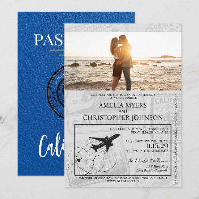 Convites Casamento Real Blue California Passport (Frente/Verso)