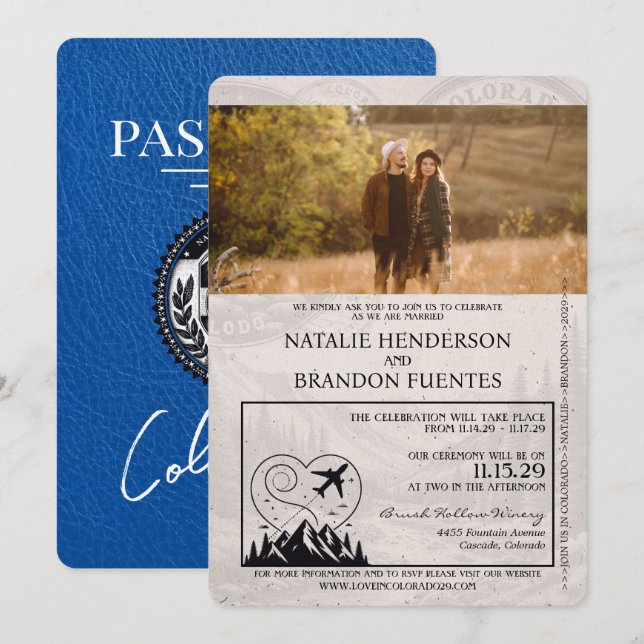 Convites Casamento Real Blue Colorado Passport (Frente/Verso)