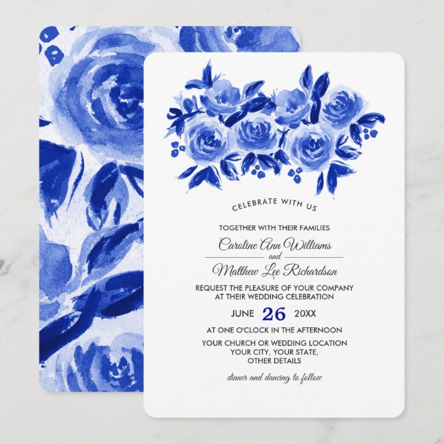 Convites Casamento Real Blue Floral Watercolor (Frente/Verso)