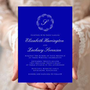 Convites Casamento Real Blue Monograma Wreath White Script