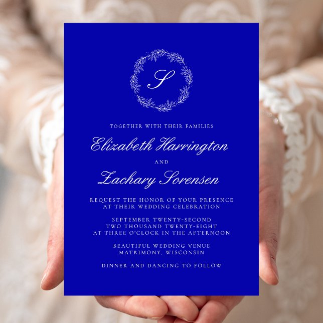 Convites Casamento Real Blue Monograma Wreath White Script (Criador carregado)