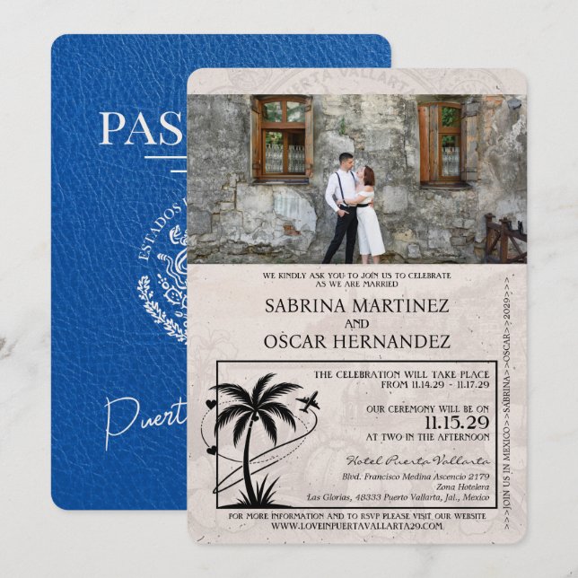 Convites Casamento Real Blue Puerta Vallarta Passaporte (Frente/Verso)