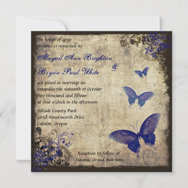 Convites Casamento Real Blue Vintage Butterfly (Frente)
