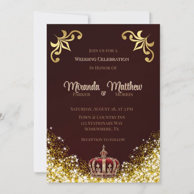 Convites Casamento Real Burgundy Dourado Flourish (Frente)