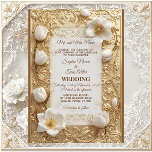 Convites Casamento Real Chic Tulipa Branca Ornamentada Dour