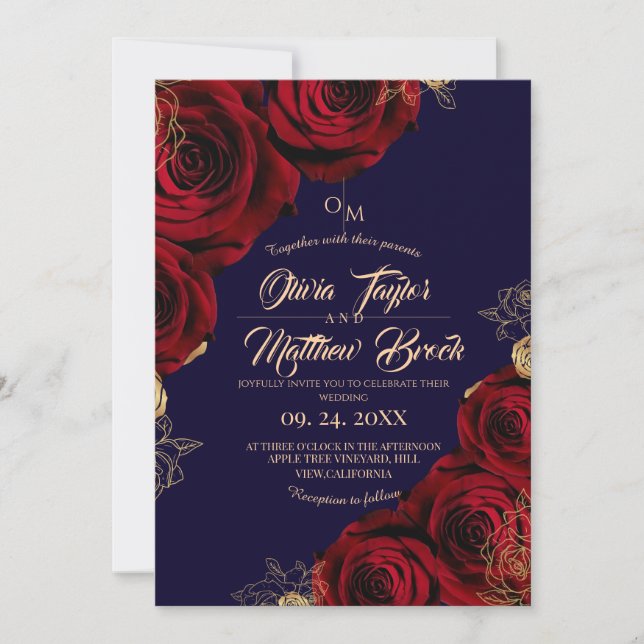 Convites Casamento Real de Flor de Rosa Azul e Vermelho ⎮ B (Frente)