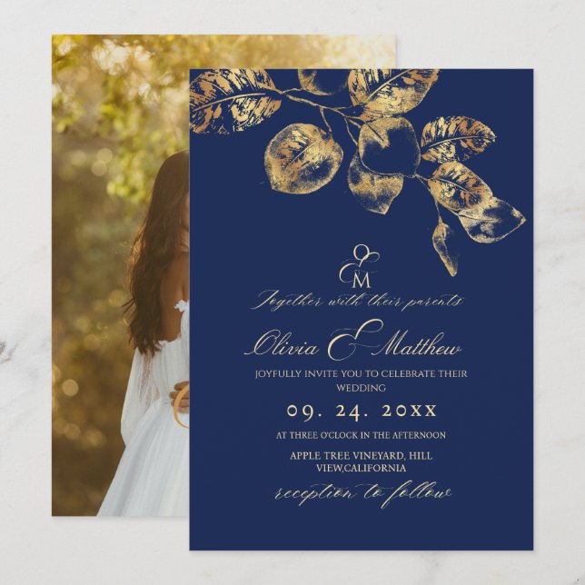 Convites Casamento Real de Folhas Douradas e Azuis Elegante (Frente/Verso)